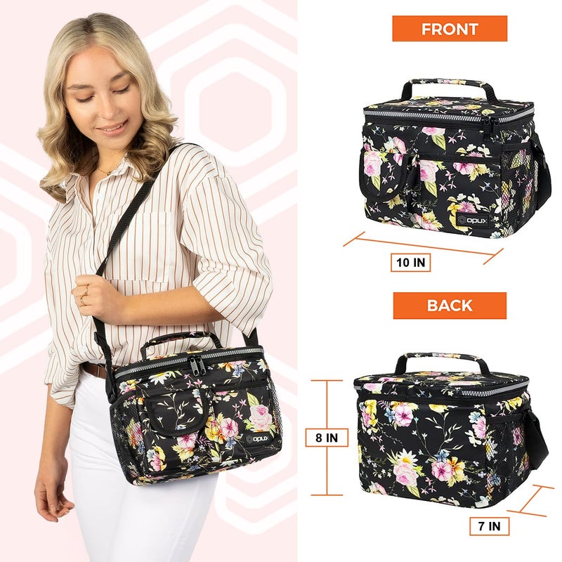 opux Insulated Lunch Bag for Men Women, Leakproof Floral Black Lunch Box for Work, Portable Soft Lunch Cooler Bag with Shoulder Strap, Adult Lunchbox Lunch Pail for Kid Boy Girl School, 14 Can/8L - Image 3